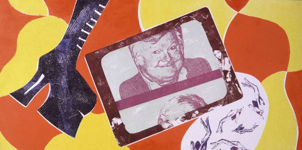 Benny Hill<br>
      tech.: kameňodruk & šablona - lithography & matrix<br>
      45x85 cm <p class='nosee'>pop art, art, Benny Hill, grafika, graphics, Luca Maro, Marek Lukac, litografia, lithography, Lithografie, lithografie, litografía</p>