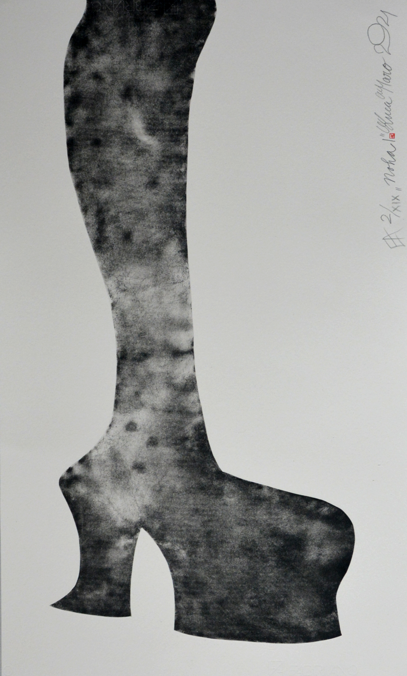 Noha - Leg I<br>
        tech.: sucha ihla - dry point<br>
        70x42 cm <p class='nosee'>pop art, art, grafika, graphics, Luca Maro, Marek Lukac, vojna, war, boots, topanka, sucha ihla, drypoint, Kaltnadel, pointe, séche, punta seca</p>