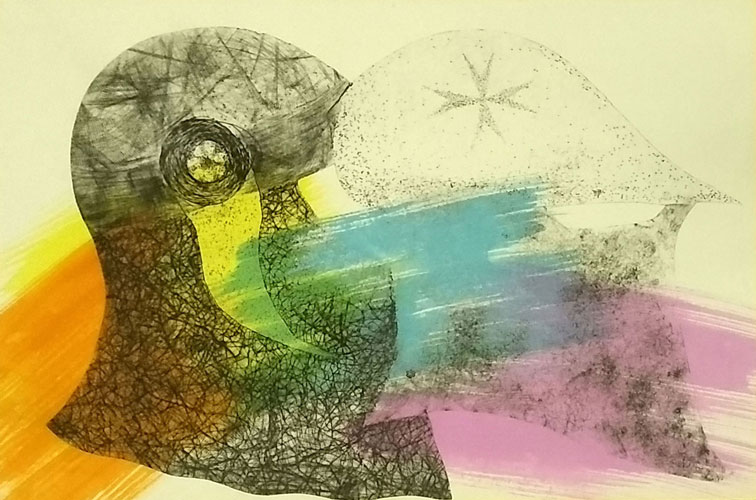 Vojaci - Soldiers<br>
      tech.: sucha ihla - dry point + ecoline<br>
      46x68 cm <p class='nosee'>pop art, art, grafika, graphics, Luca Maro, Marek Lukac, vojna, war, color, colored, sucha ihla, drypoint, Kaltnadel, pointe, séche, punta seca</p>