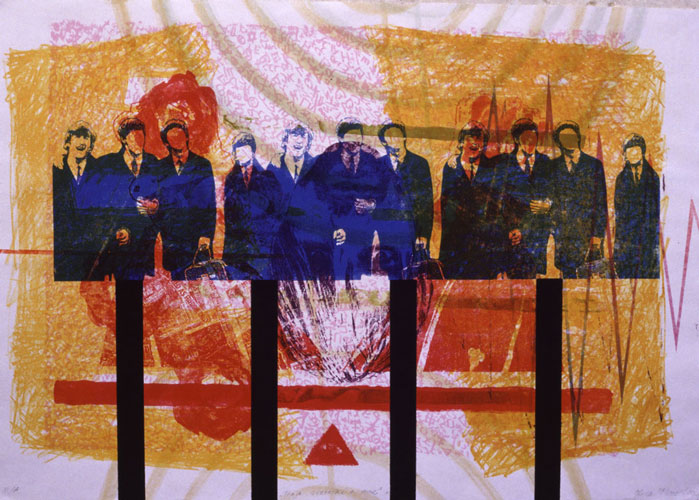 Trojo statečne i ona - Three braves & she<br>
      tech.: kameňodruk & šablona - lithography & matrix<br>
      50x70 cm <p class='nosee'>John Lennon, pop art, art, i am shot, Beatles, Kurt Cobain, three braves and she, grafika, graphics, Luca Maro, Marek Lukac, litografia, lithography, Lithografie, lithografie, litografía</p>